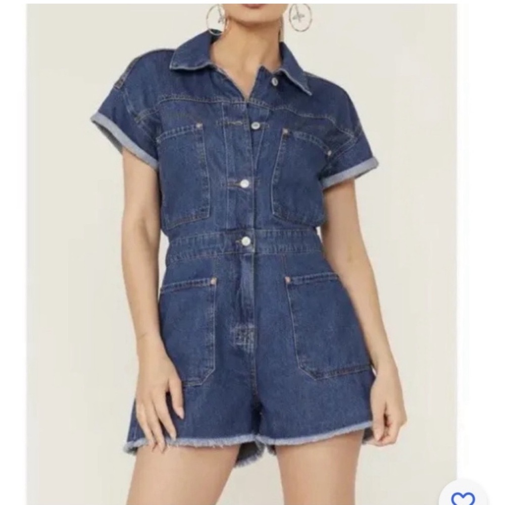NWT Free People Womens Work Hard Play Harder Denim Romper SIze L